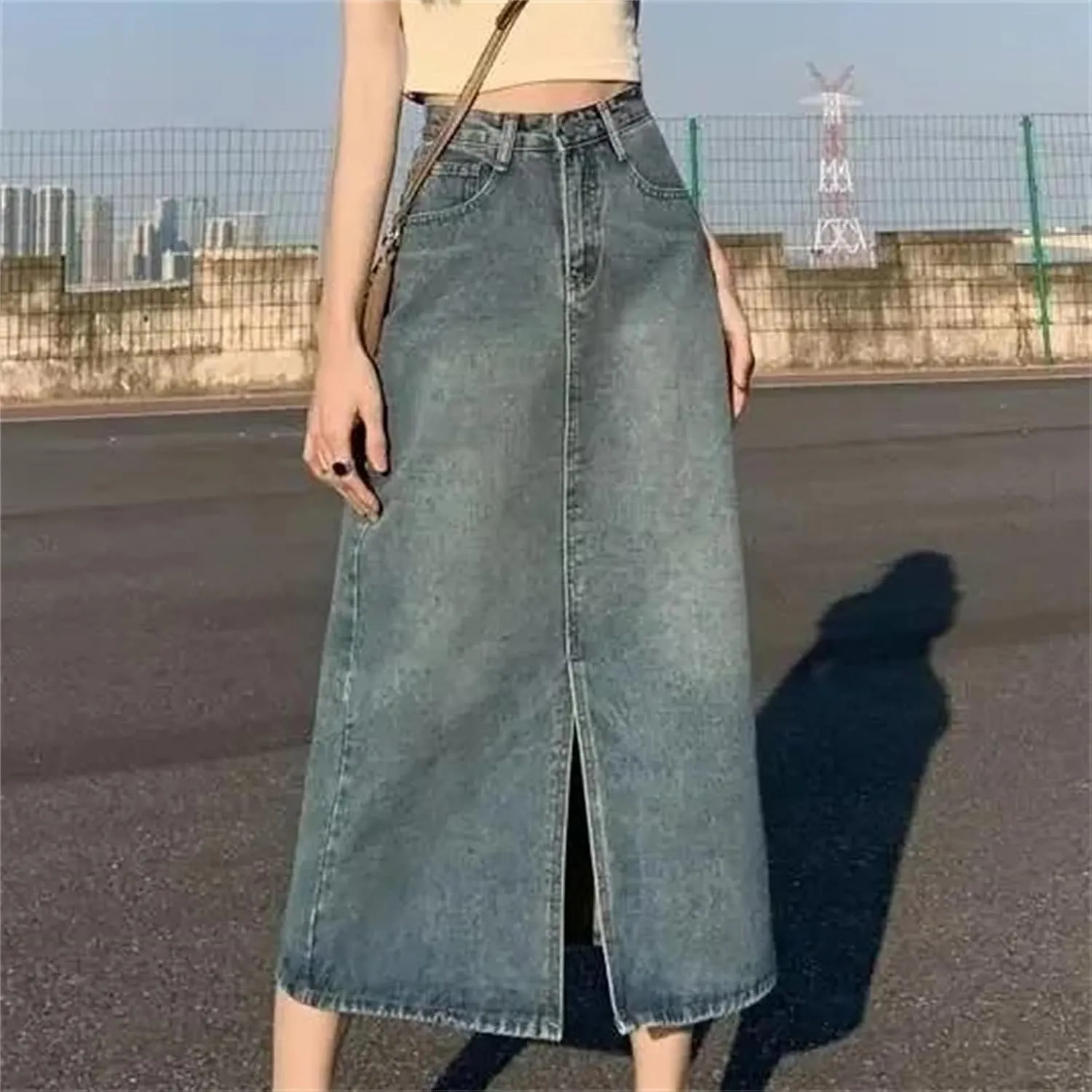 Women's High-Waisted Side Slit Denim Skirt  Slimming Medium-Length A-Line Bodycon Skirt Spring Summer Dress