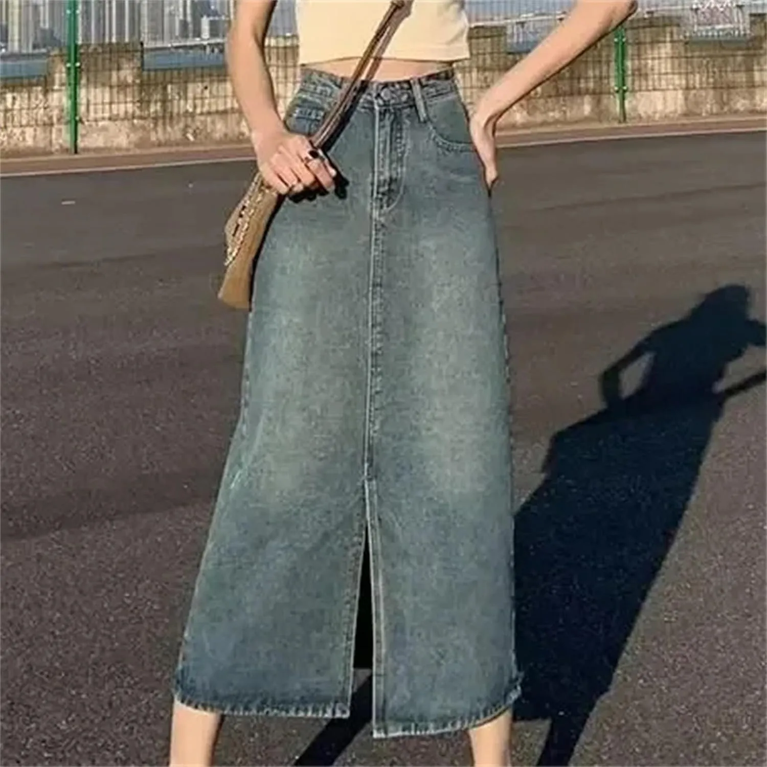 Women's High-Waisted Side Slit Denim Skirt  Slimming Medium-Length A-Line Bodycon Skirt Spring Summer Dress