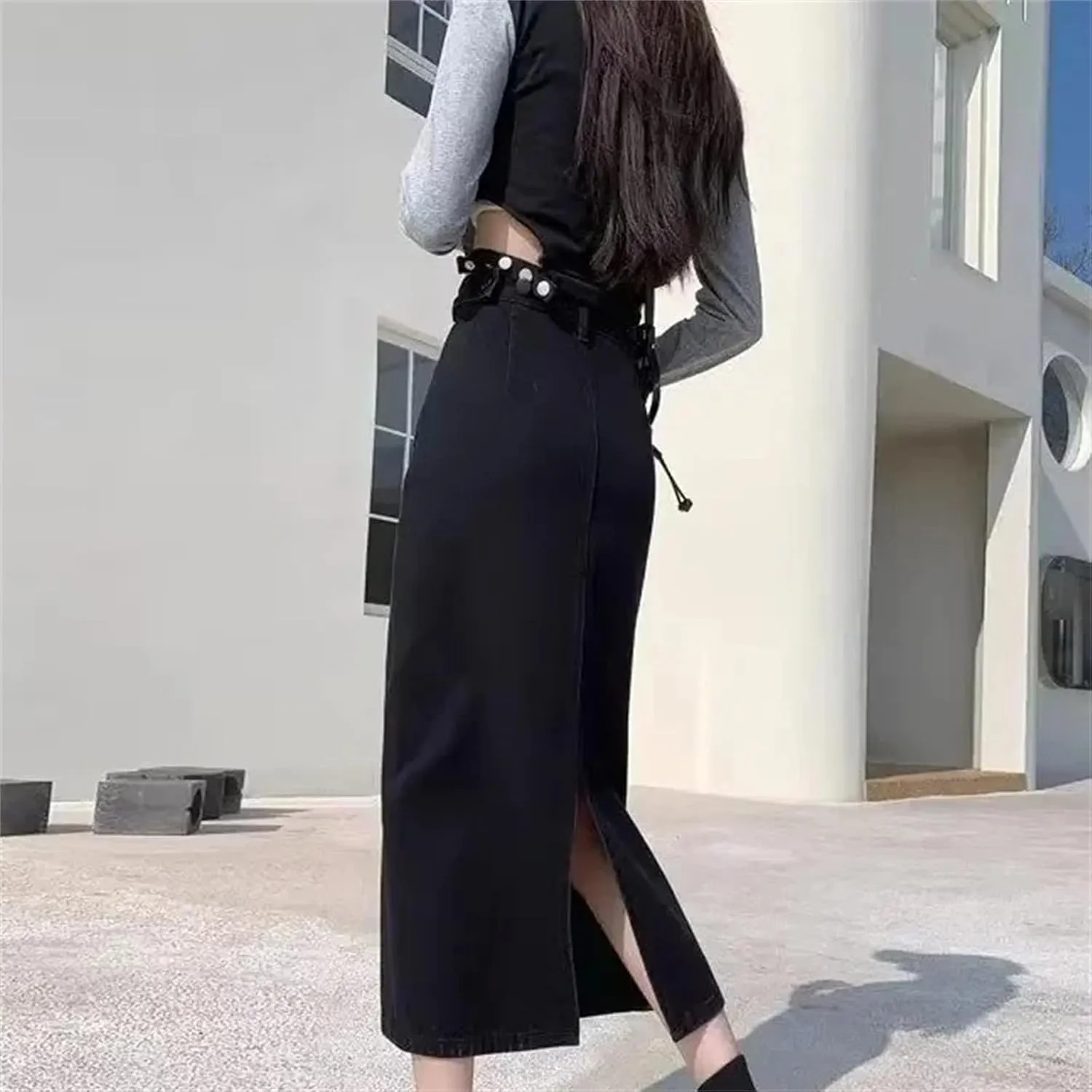 Women's High-Waisted Side Slit Denim Skirt  Spring Summer A-Line Medium-Length Bodycon for Petite Fit