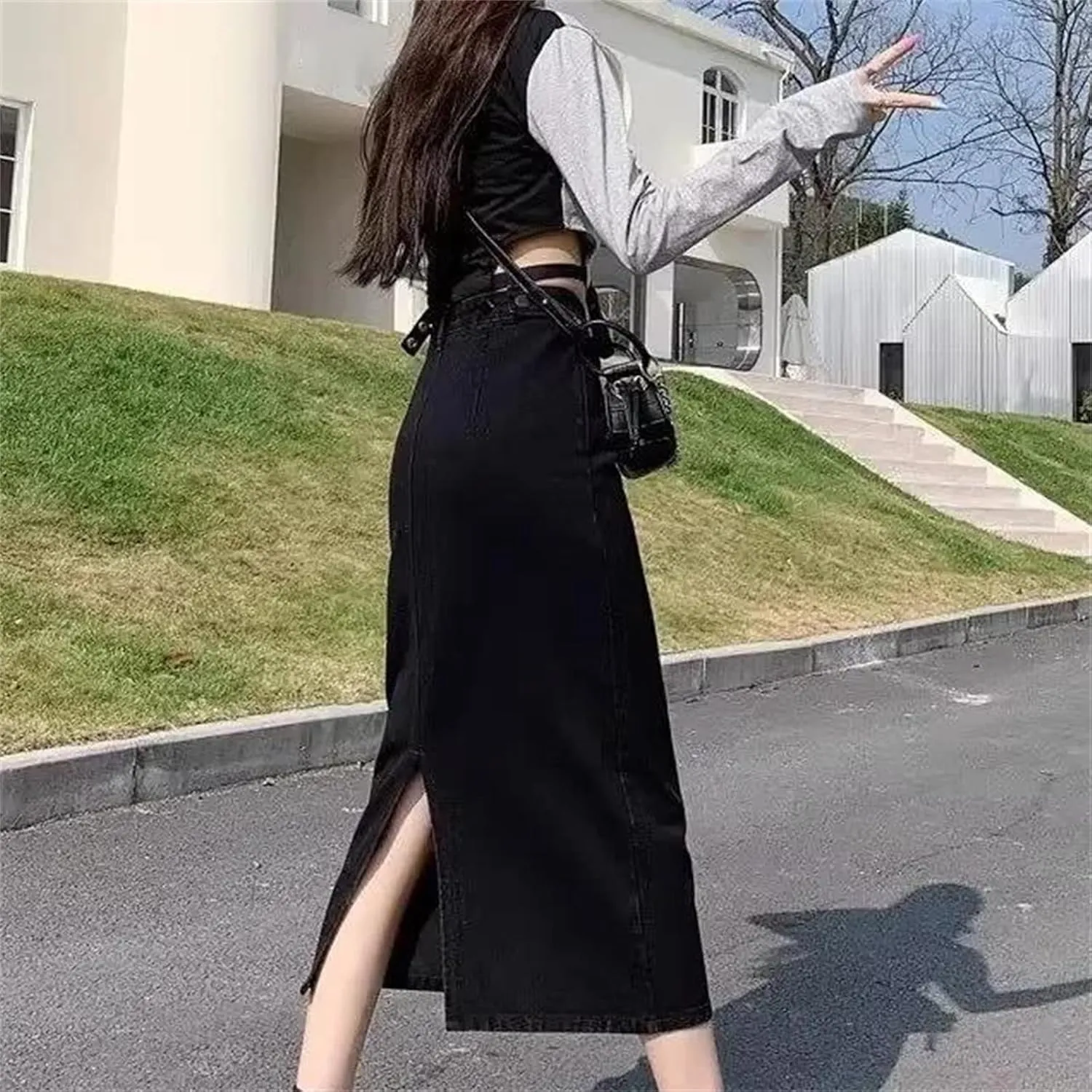 Women's High-Waisted Side Slit Denim Skirt  Spring Summer A-Line Medium-Length Bodycon for Petite Fit