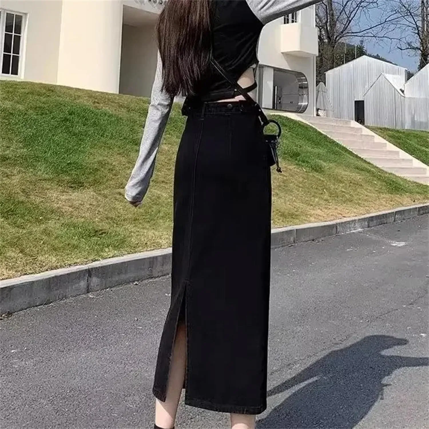 Women's High-Waisted Side Slit Denim Skirt  Spring Summer A-Line Medium-Length Bodycon for Petite Fit