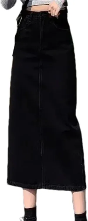 Women's High-Waisted Side Slit Denim Skirt  Spring Summer A-Line Medium-Length Bodycon for Petite Fit