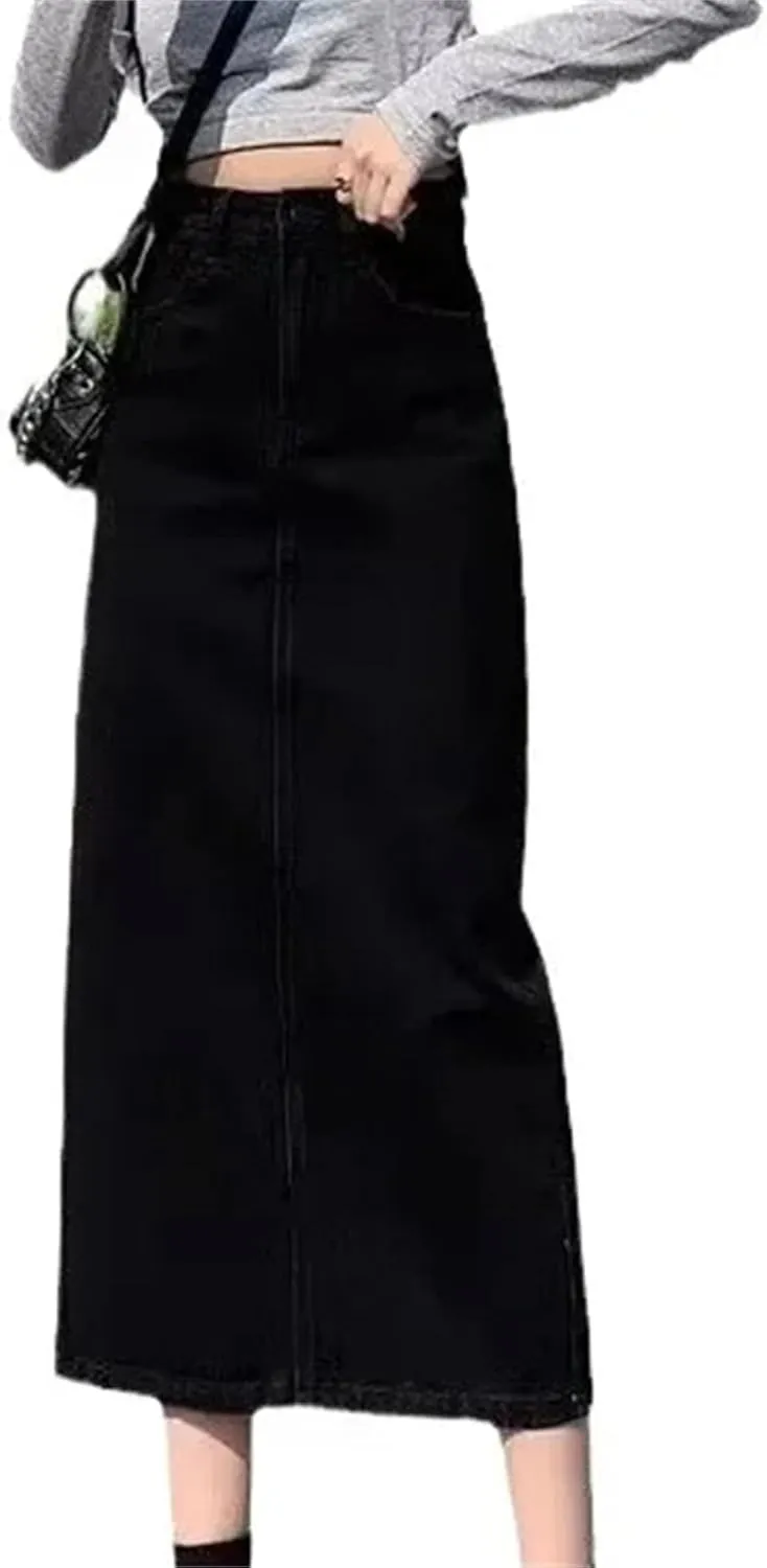 Women's High-Waisted Side Slit Denim Skirt  Spring Summer A-Line Medium-Length Bodycon for Petite Fit