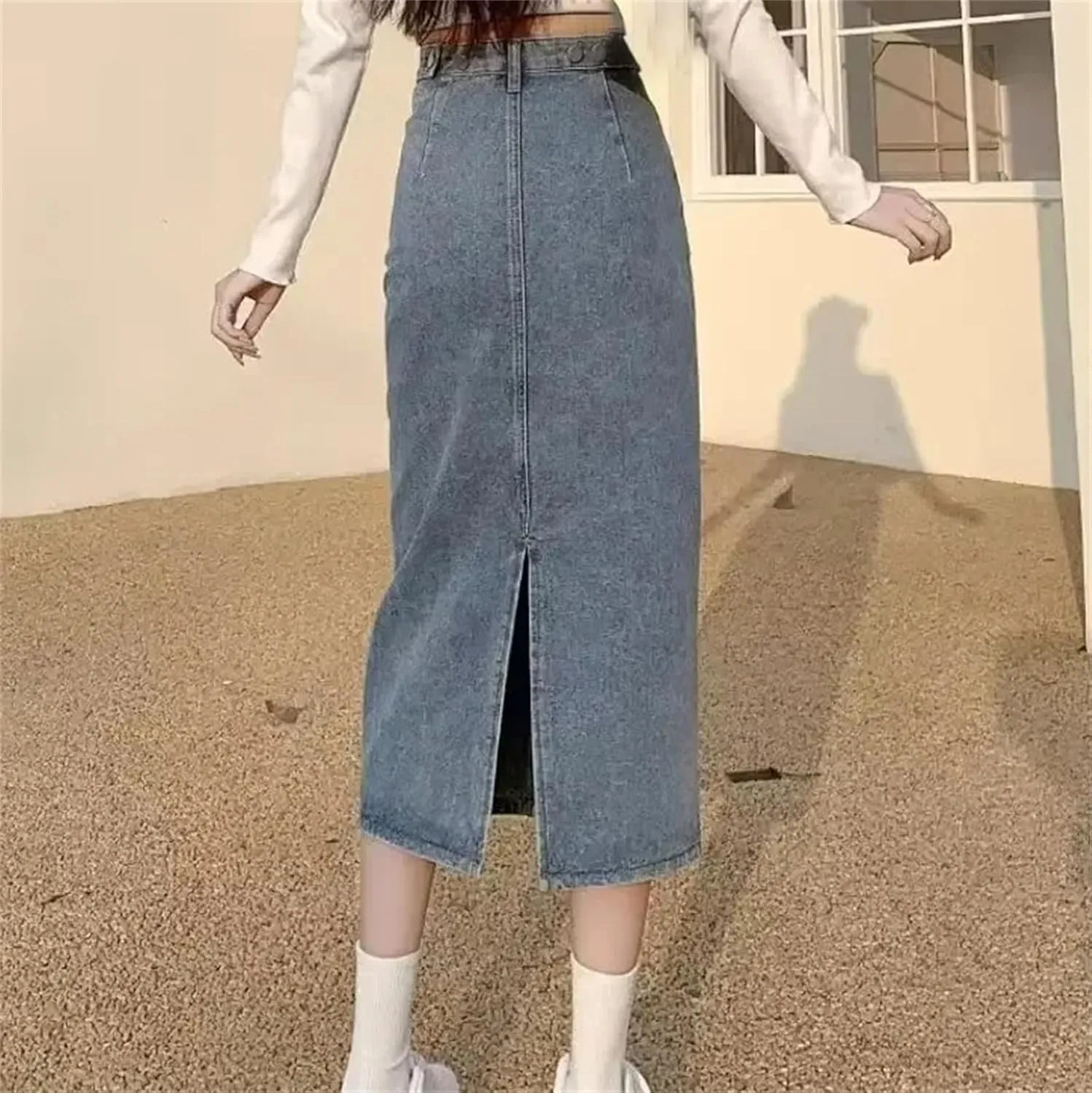 Women's High-Waisted Side Slit Denim Skirt  Spring Summer A-Line Medium-Length Bodycon for Petite Fit