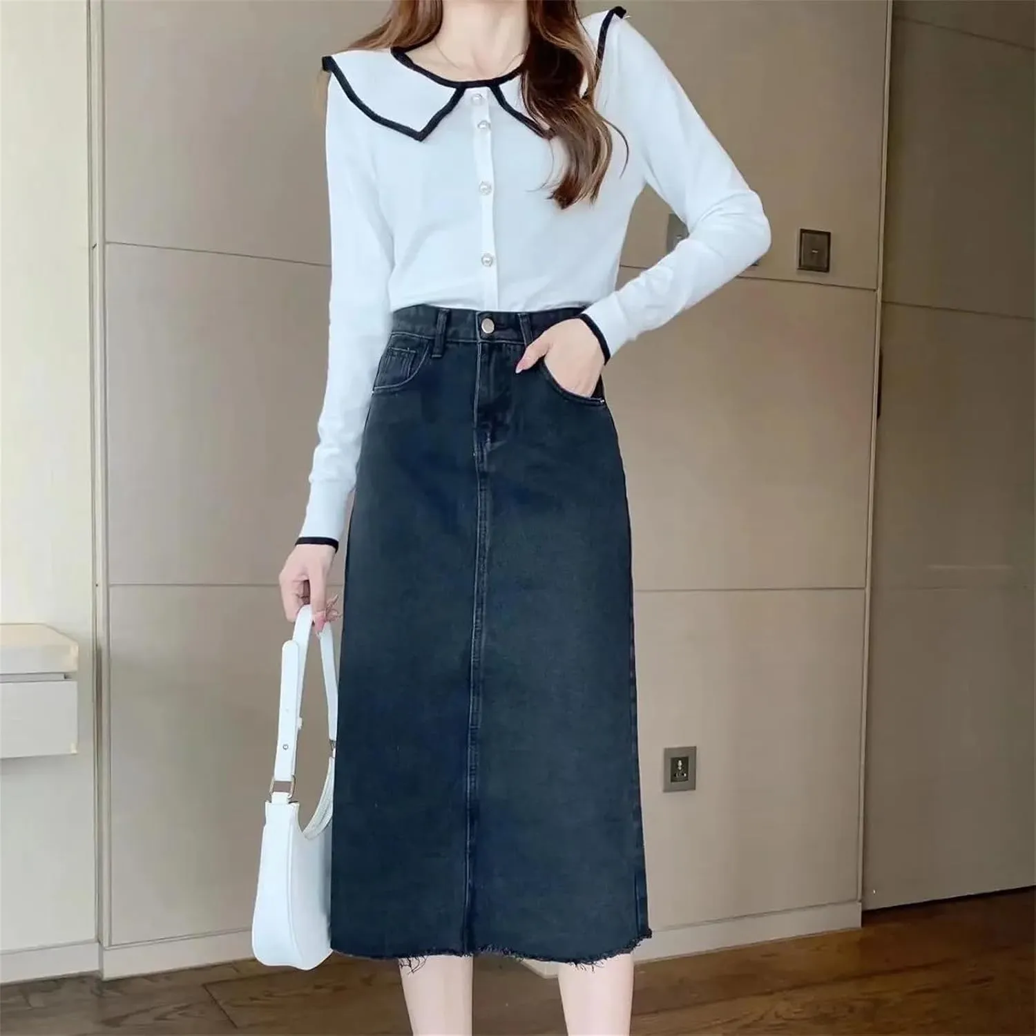 Women's High-Waisted Slimming A-Line Denim Skirt  Medium-Length Plus Size Spring Summer Hip-Covering Skirt