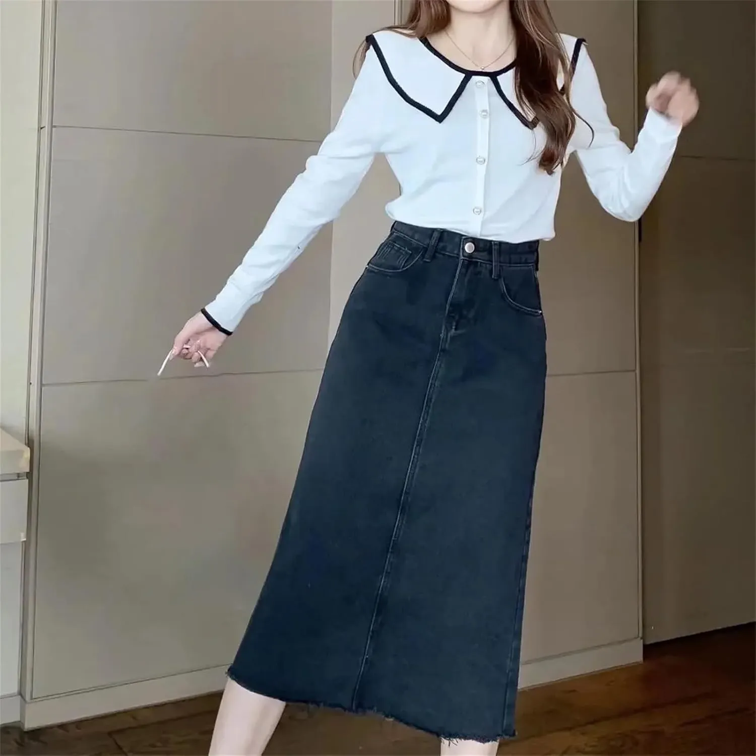 Women's High-Waisted Slimming A-Line Denim Skirt  Medium-Length Plus Size Spring Summer Hip-Covering Skirt