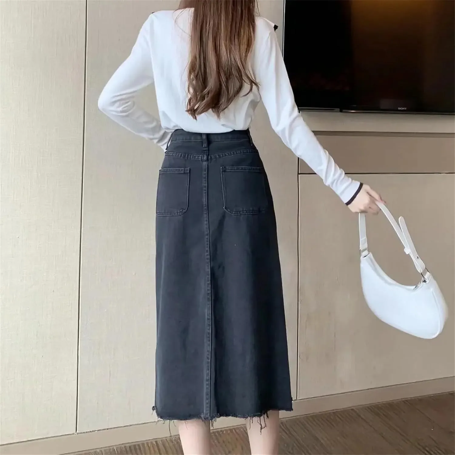 Women's High-Waisted Slimming A-Line Denim Skirt  Medium-Length Plus Size Spring Summer Hip-Covering Skirt