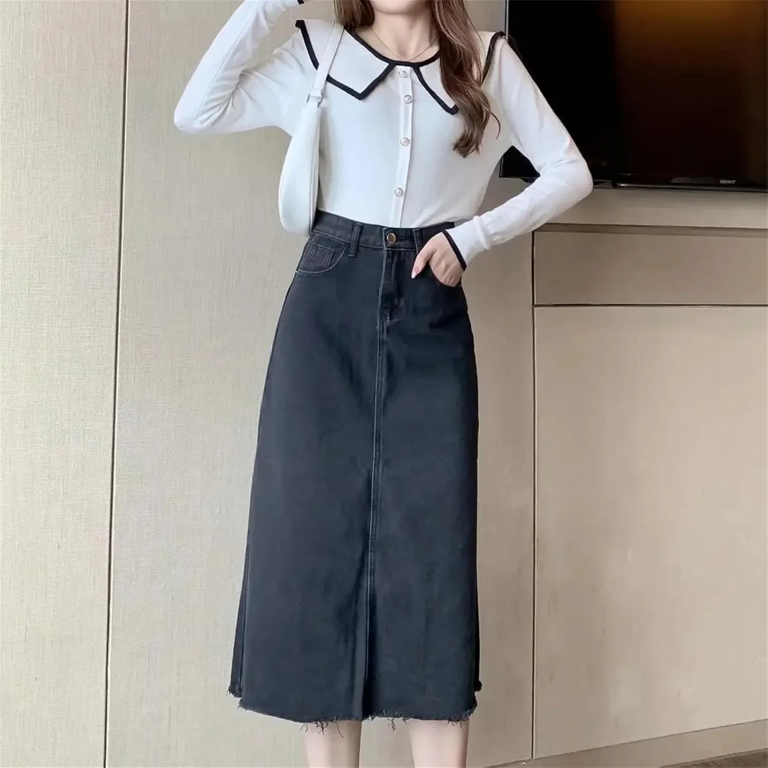 Women's High-Waisted Slimming A-Line Denim Skirt  Medium-Length Plus Size Spring Summer Hip-Covering Skirt