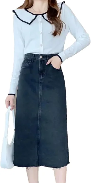 Women's High-Waisted Slimming A-Line Denim Skirt  Medium-Length Plus Size Spring Summer Hip-Covering Skirt