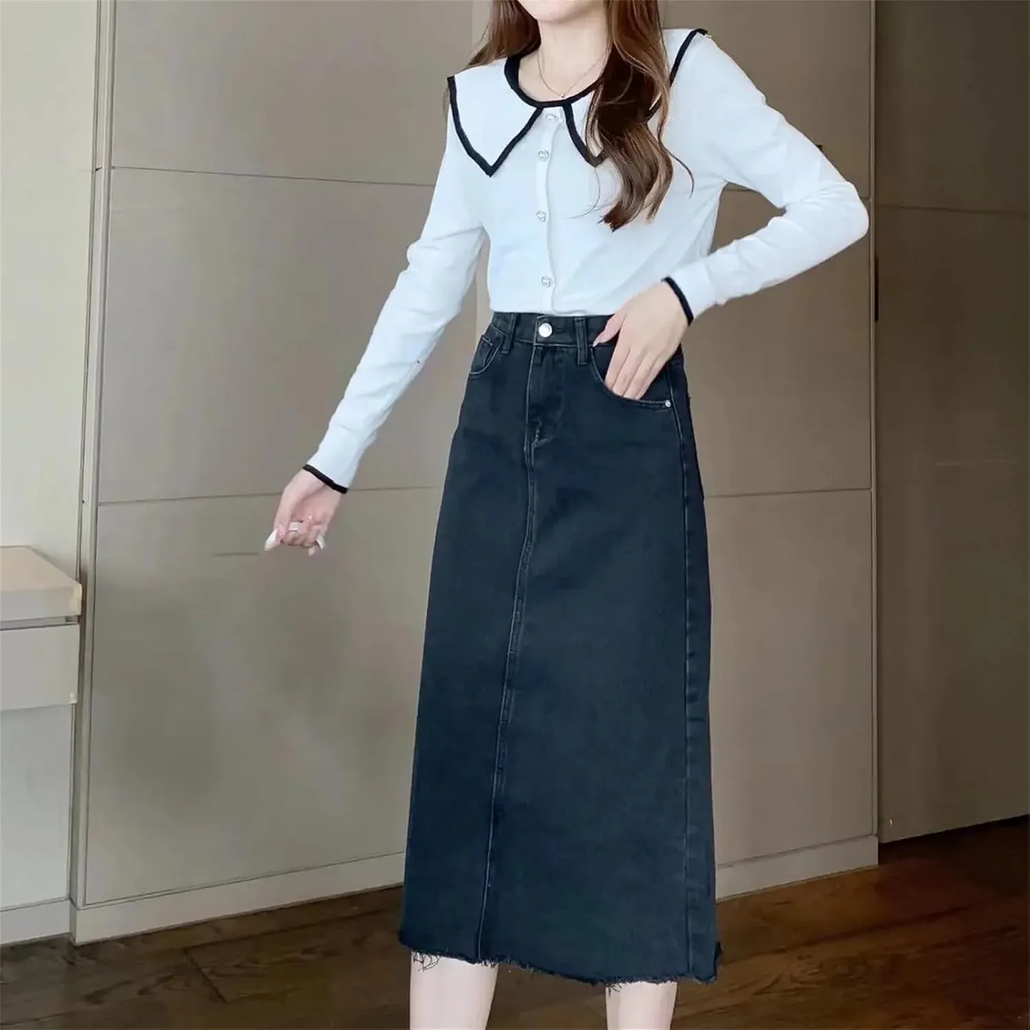 Women's High-Waisted Slimming A-Line Denim Skirt  Medium-Length Plus Size Spring Summer Hip-Covering Skirt