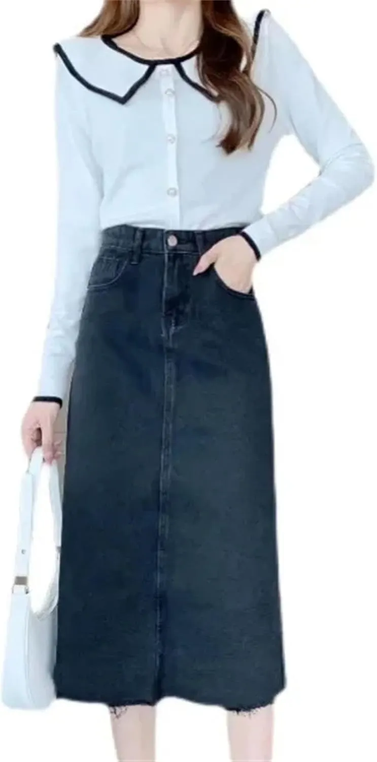 Women's High-Waisted Slimming A-Line Denim Skirt  Medium-Length Plus Size Spring Summer Hip-Covering Skirt
