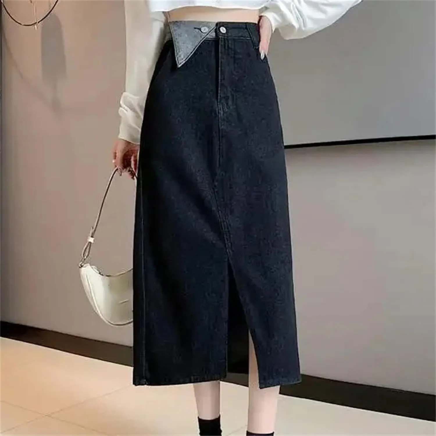 Women's High-Waisted Slimming Denim Skirt  A-Line Side Slit Medium-Length Bodycon Skirt Plus Size Dress