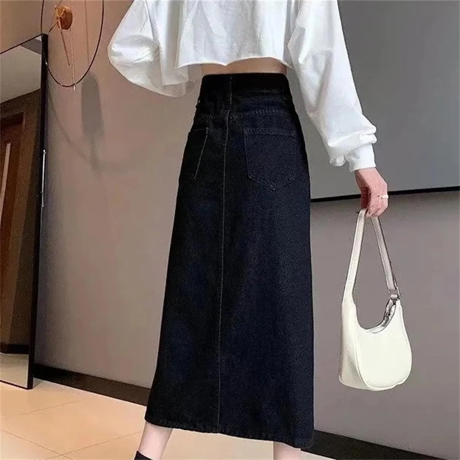 Women's High-Waisted Slimming Denim Skirt  A-Line Side Slit Medium-Length Bodycon Skirt Plus Size Dress