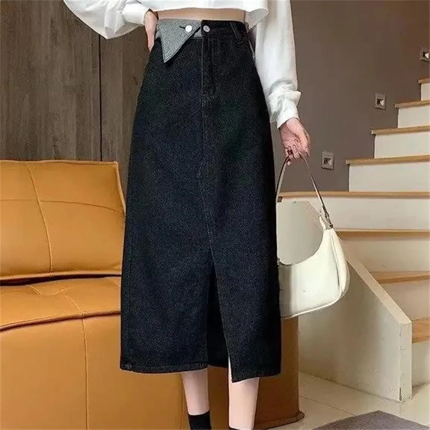 Women's High-Waisted Slimming Denim Skirt  A-Line Side Slit Medium-Length Bodycon Skirt Plus Size Dress