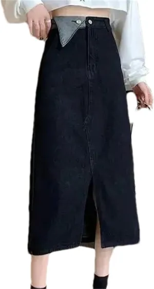 Women's High-Waisted Slimming Denim Skirt  A-Line Side Slit Medium-Length Bodycon Skirt Plus Size Dress