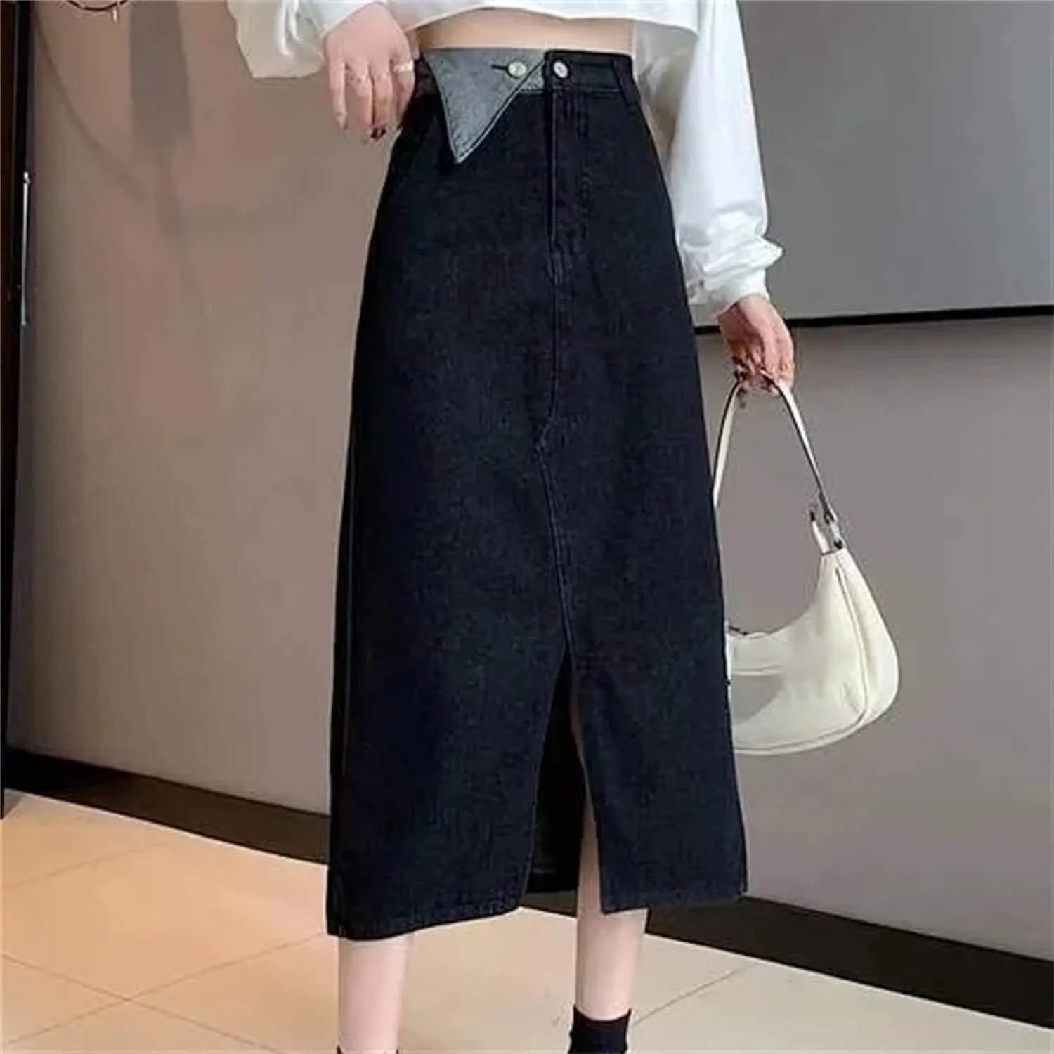 Women's High-Waisted Slimming Denim Skirt  A-Line Side Slit Medium-Length Bodycon Skirt Plus Size Dress