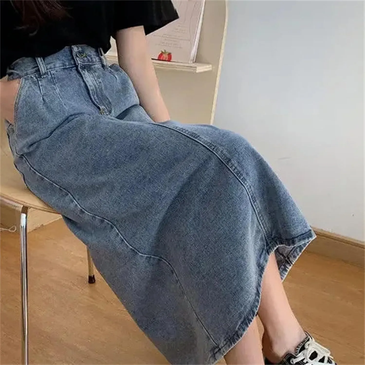 Women's High-Waisted Slimming Denim Skirt  Casual Side Slit Medium-Length Vintage A-Line Skirt Summer Dress