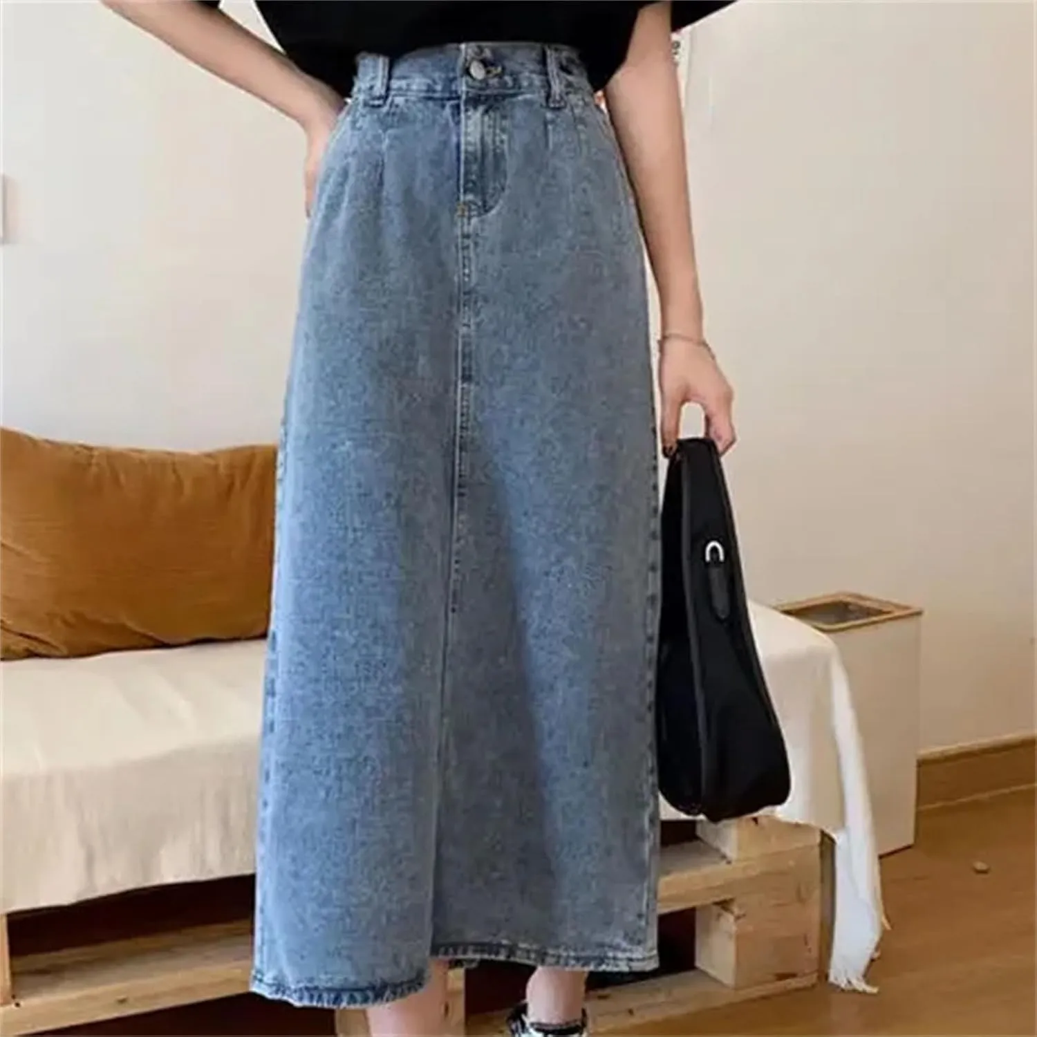 Women's High-Waisted Slimming Denim Skirt  Casual Side Slit Medium-Length Vintage A-Line Skirt Summer Dress