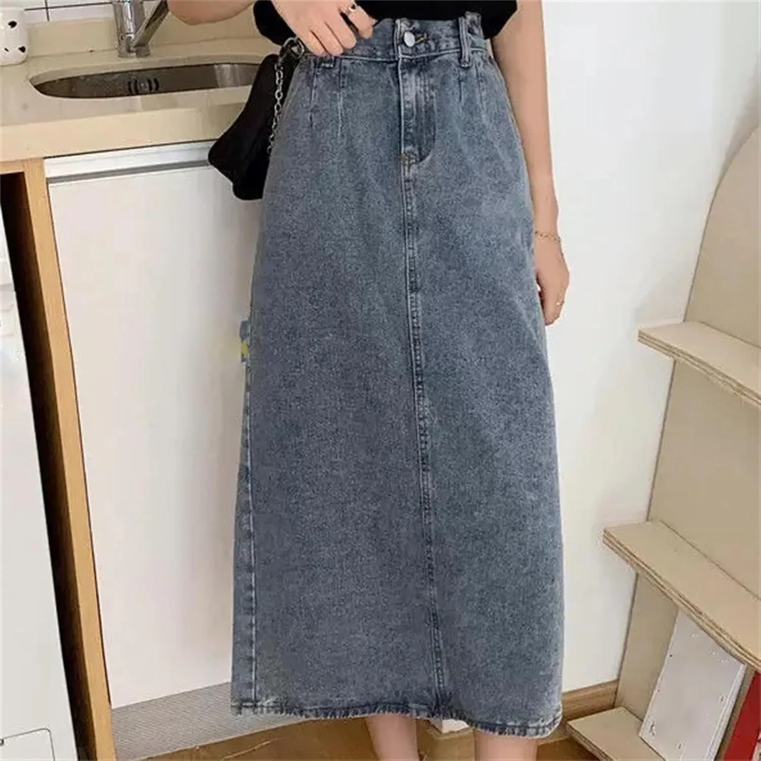 Women's High-Waisted Slimming Denim Skirt  Casual Side Slit Medium-Length Vintage A-Line Skirt Summer Dress