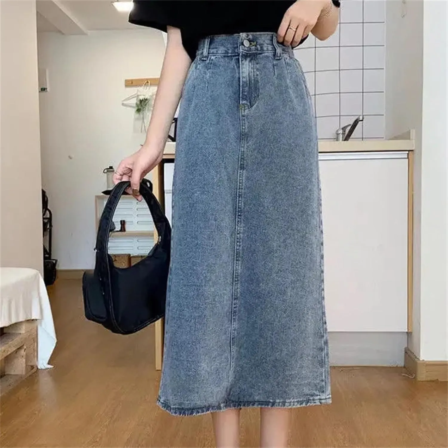 Women's High-Waisted Slimming Denim Skirt  Casual Side Slit Medium-Length Vintage A-Line Skirt Summer Dress