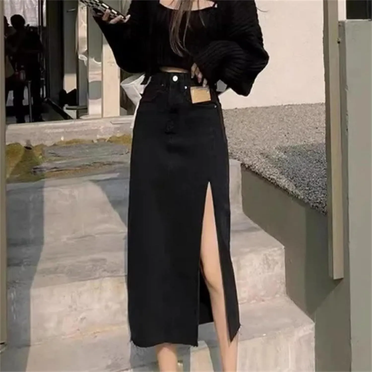 Women's High-Waisted Slimming Denim Skirt  Petite Mid-Length Side Slit Casual Street for Summer Skirts
