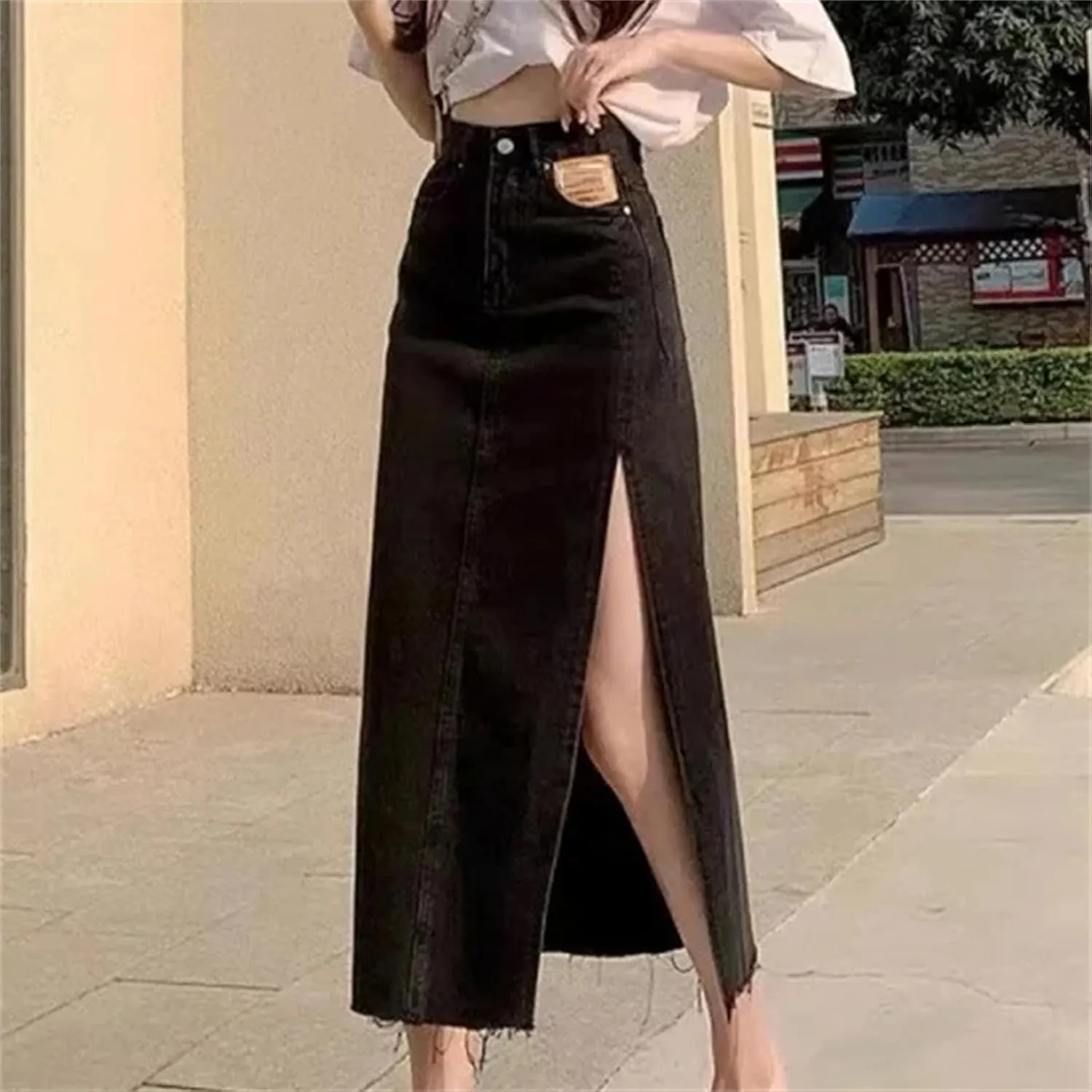 Women's High-Waisted Slimming Denim Skirt  Petite Mid-Length Side Slit Casual Street for Summer Skirts