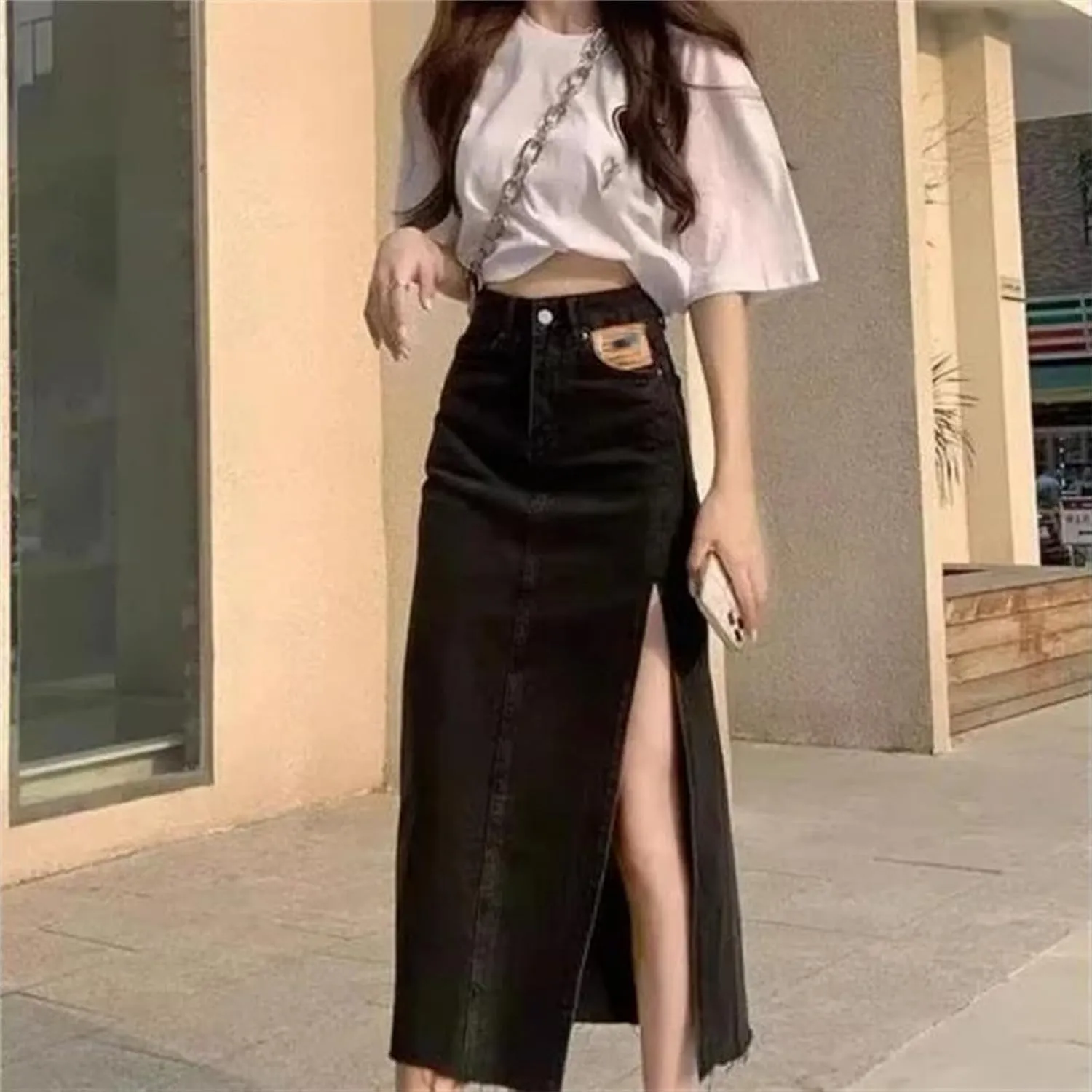 Women's High-Waisted Slimming Denim Skirt  Petite Mid-Length Side Slit Casual Street for Summer Skirts