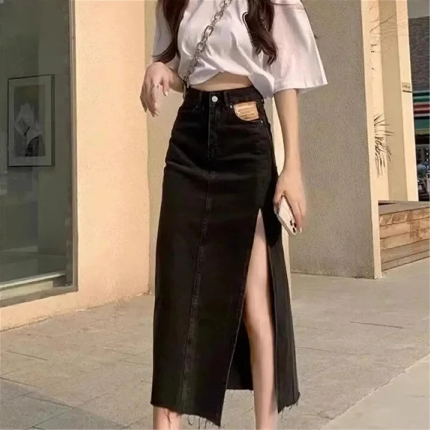 Women's High-Waisted Slimming Denim Skirt  Petite Mid-Length Side Slit Casual Street for Summer Skirts