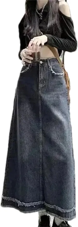 Women's High-Waisted Slimming Denim Skirt  Plus Size Spring A-Line Waist Hiding Mid-Length Dress