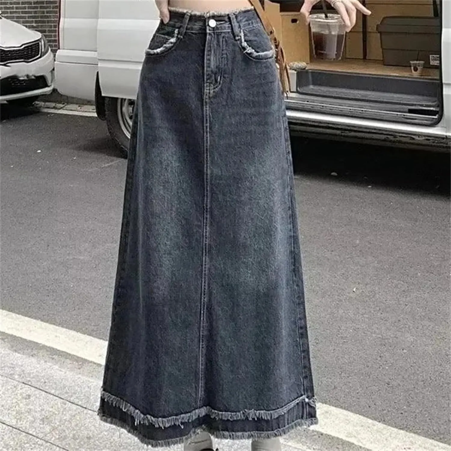 Women's High-Waisted Slimming Denim Skirt  Plus Size Spring A-Line Waist Hiding Mid-Length Dress