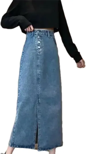 Women's High-Waisted Slimming Denim Skirt  Side Slit A-Line Medium-Length Casual Work Dress with Pockets