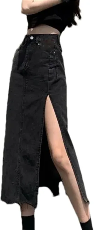Women's High-Waisted Slimming Denim Skirt  Summer A-Line Bodycon Medium-Length with Side Slit Stretch Jean Skirt