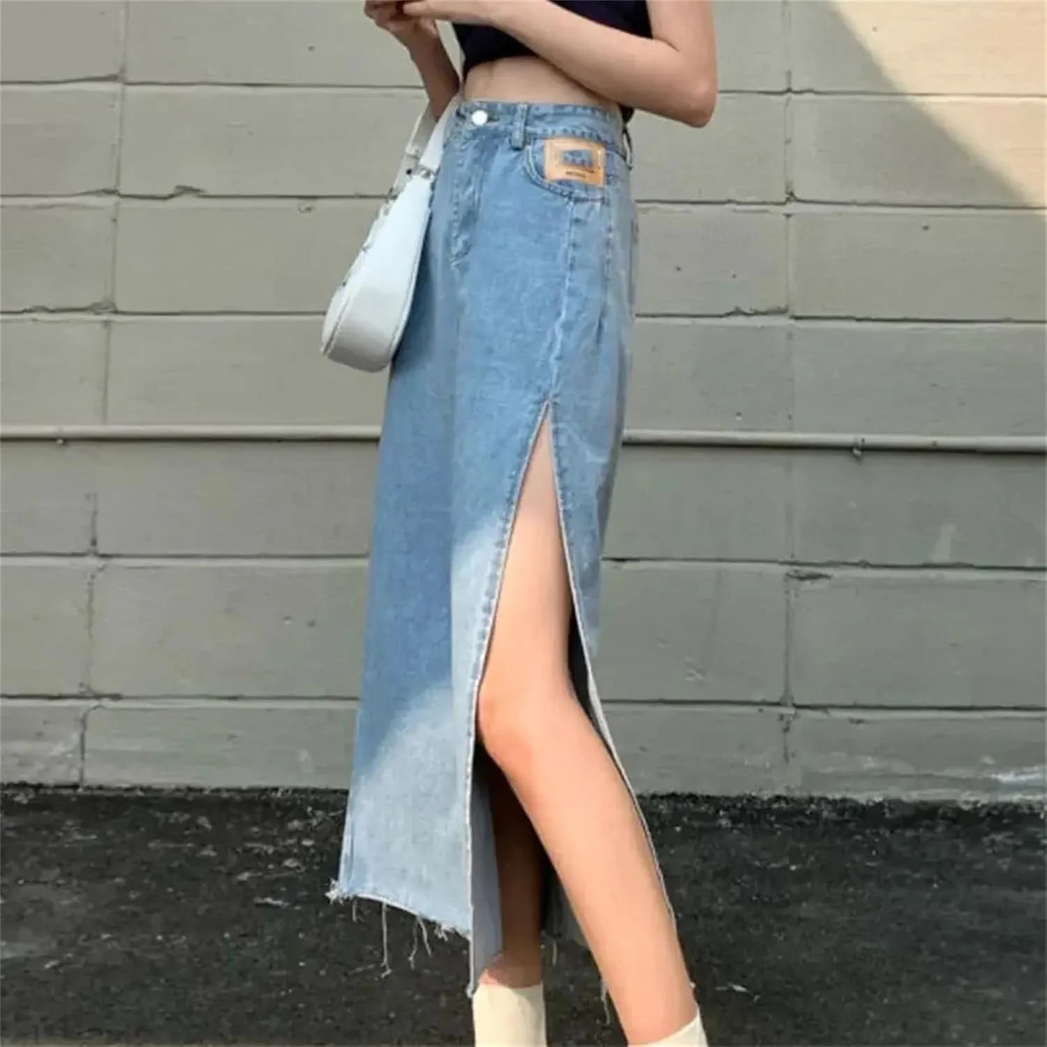 Women's High-Waisted Slimming Denim Skirt  Summer A-Line Bodycon Medium-Length with Side Slit Stretch Jean Skirt