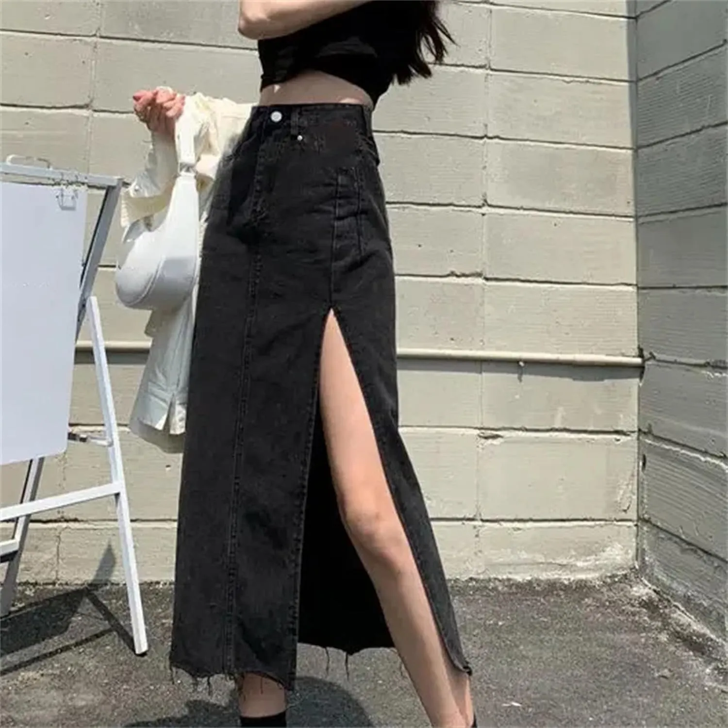 Women's High-Waisted Slimming Denim Skirt  Summer A-Line Bodycon Medium-Length with Side Slit Stretch Jean Skirt
