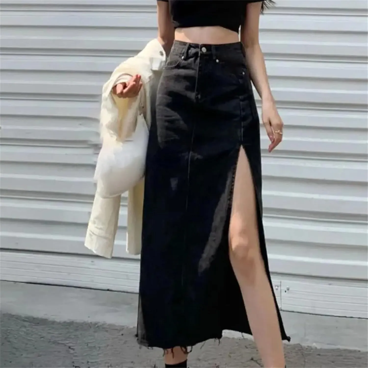 Women's High-Waisted Slimming Denim Skirt  Summer A-Line Bodycon Medium-Length with Side Slit Stretch Jean Skirt