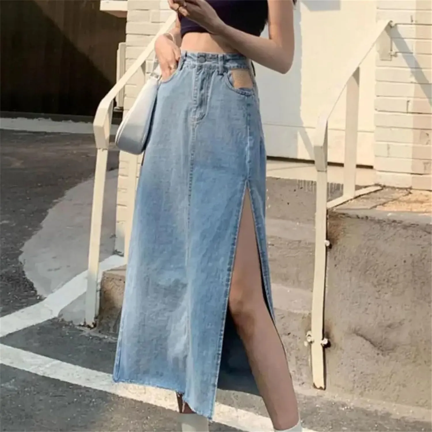 Women's High-Waisted Slimming Denim Skirt  Summer A-Line Bodycon Medium-Length with Side Slit Stretch Jean Skirt