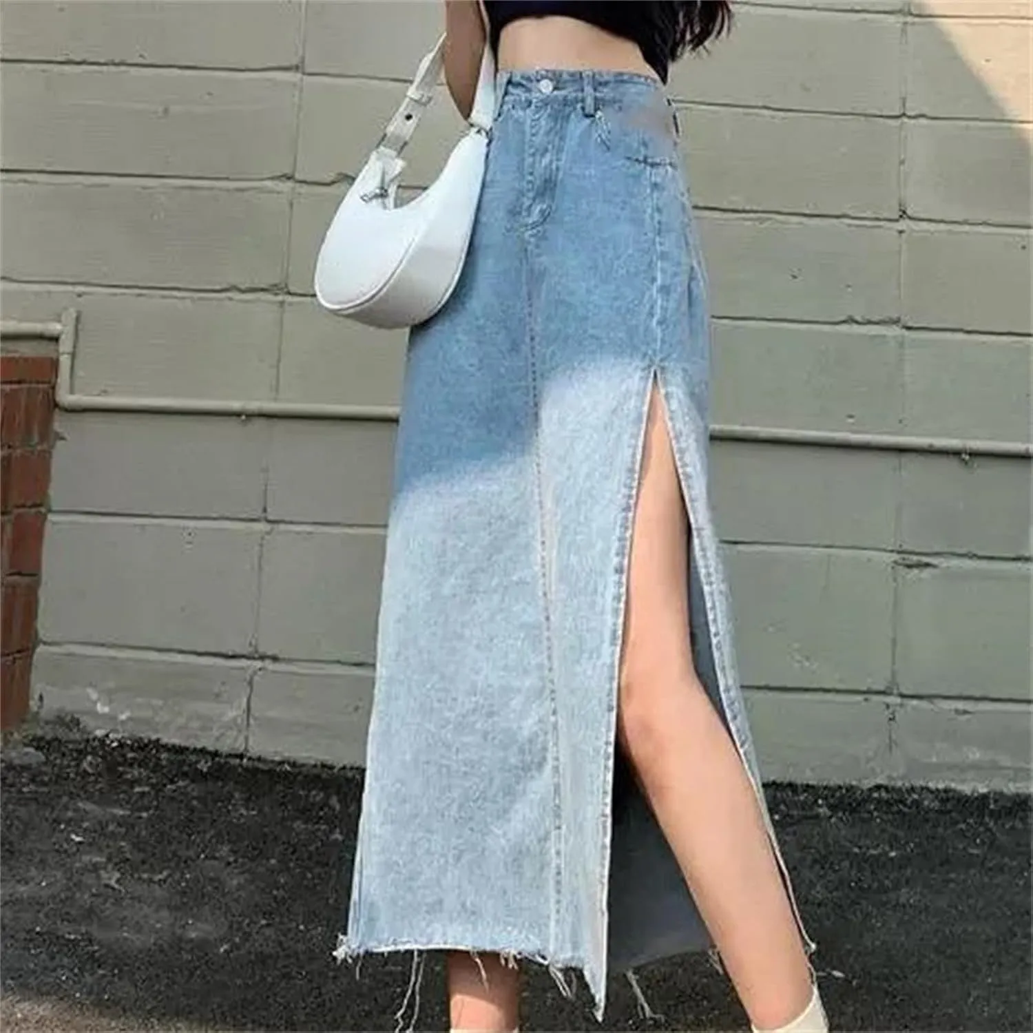 Women's High-Waisted Slimming Denim Skirt  Summer A-Line Bodycon Medium-Length with Side Slit Stretch Jean Skirt