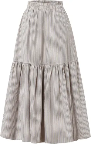 Women's High-Waisted Striped Skirt Elasticated Waist Autumn/Winter Hemline Pleated MIDI Skirt with Side Pockets