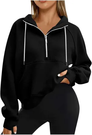 Womens Hoodies 1/2 Zipper Sweatshirts Long Sleeve Crop Tops Fleece Lined Collar Pullover Sweater Thumb Hole Shirts