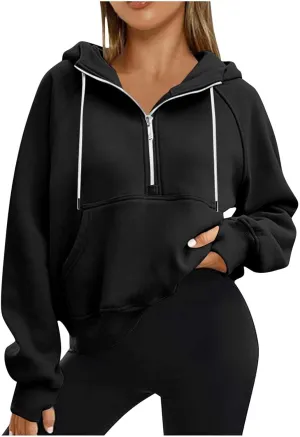 Womens Hoodies 1/2 Zipper Sweatshirts Long Sleeve Crop Tops Fleece Lined Collar Pullover Sweater Thumb Hole Shirts
