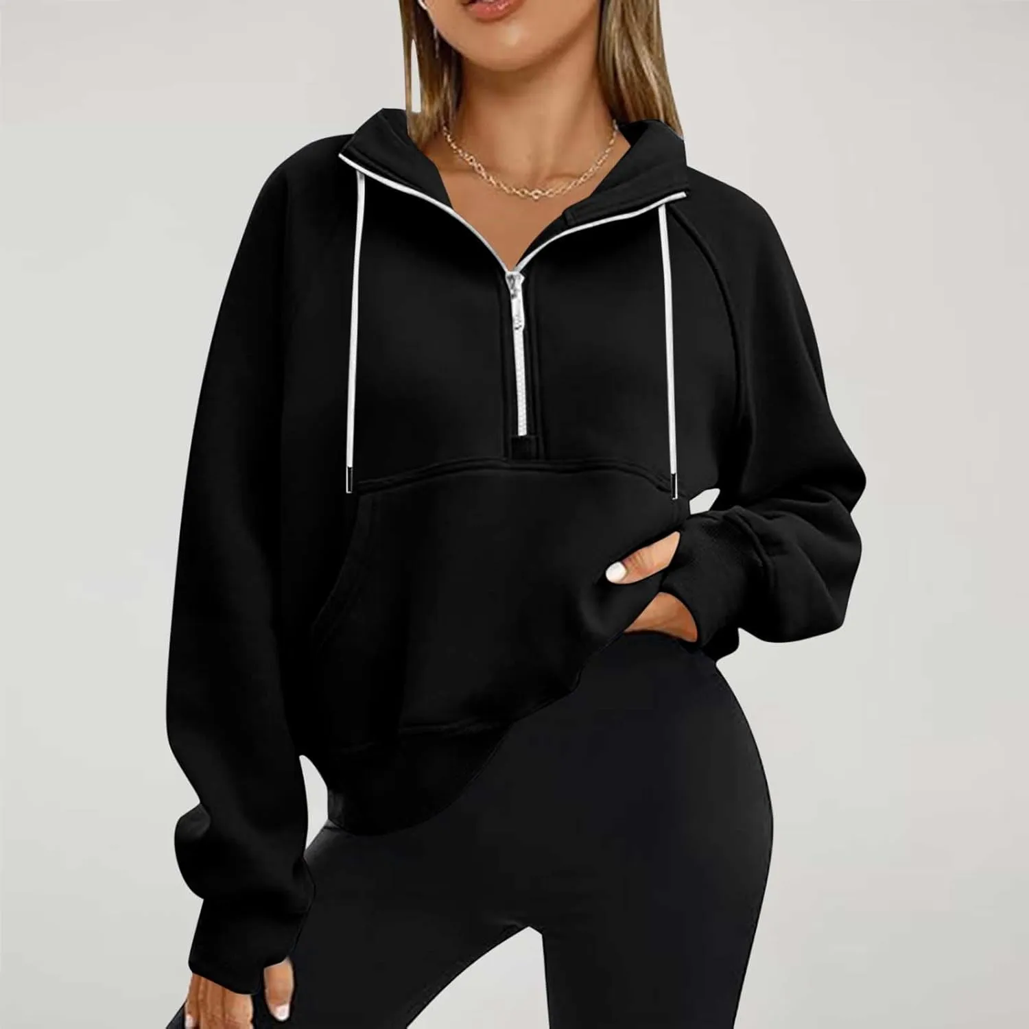 Womens Hoodies 1/2 Zipper Sweatshirts Long Sleeve Crop Tops Fleece Lined Collar Pullover Sweater Thumb Hole Shirts