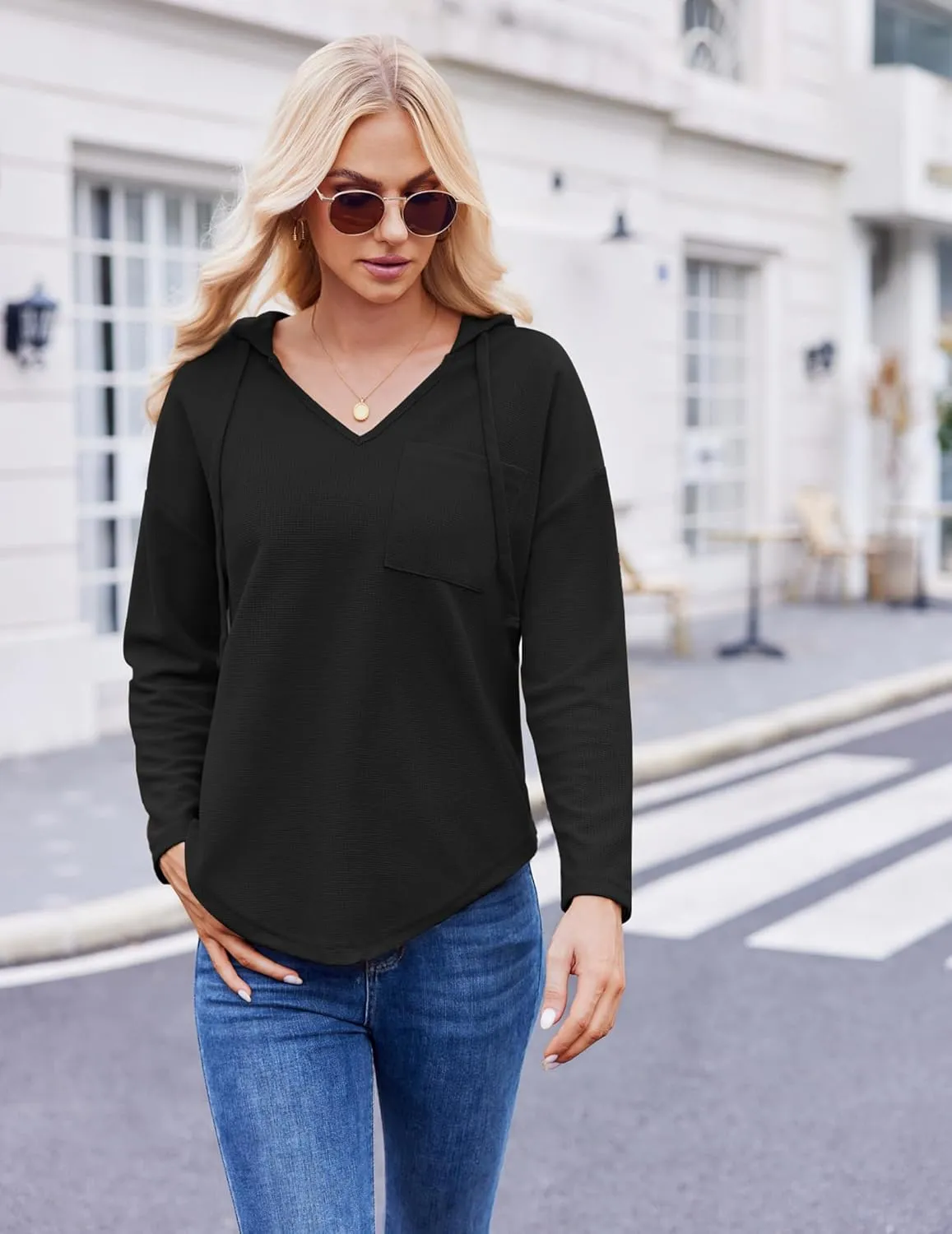 Womens Hoodies Long Sleeve Sweatshirts Pullover Top V Neck Drawstring Shirts With Pocket Loose Casual