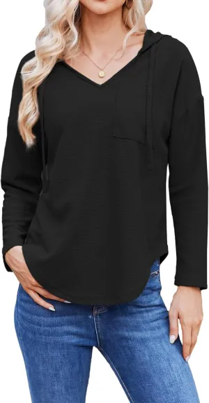 Womens Hoodies Long Sleeve Sweatshirts Pullover Top V Neck Drawstring Shirts With Pocket Loose Casual