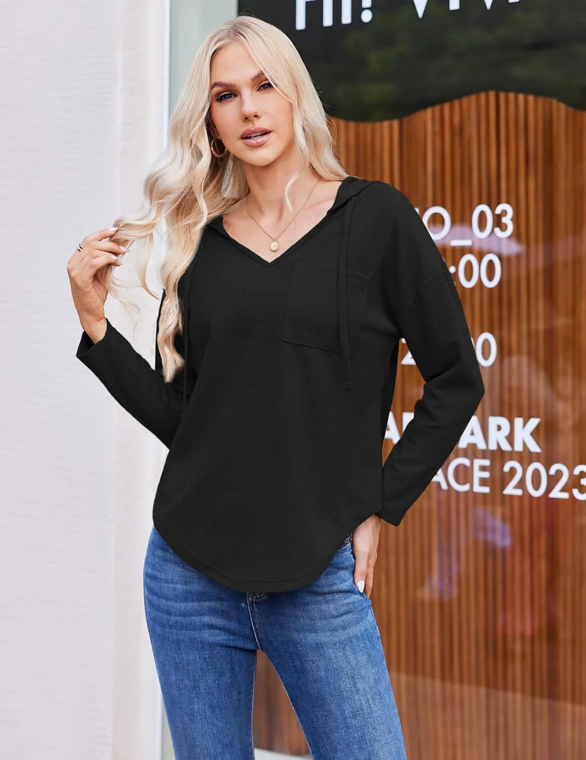 Womens Hoodies Long Sleeve Sweatshirts Pullover Top V Neck Drawstring Shirts With Pocket Loose Casual