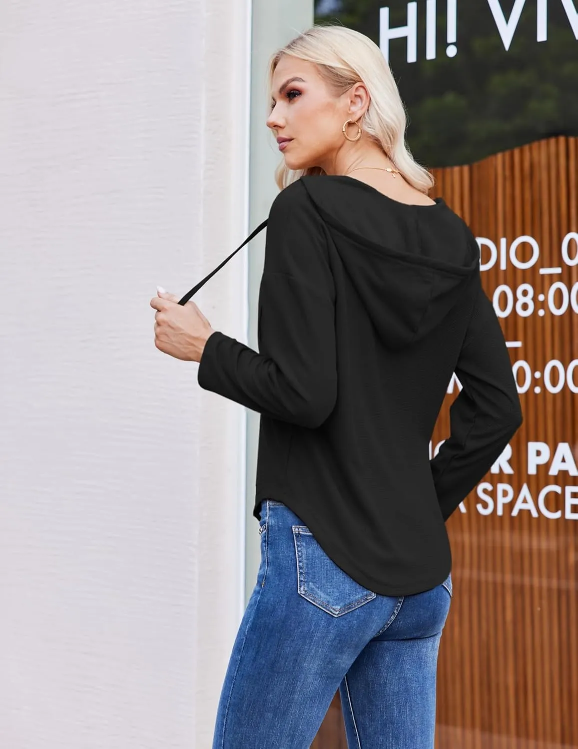 Womens Hoodies Long Sleeve Sweatshirts Pullover Top V Neck Drawstring Shirts With Pocket Loose Casual