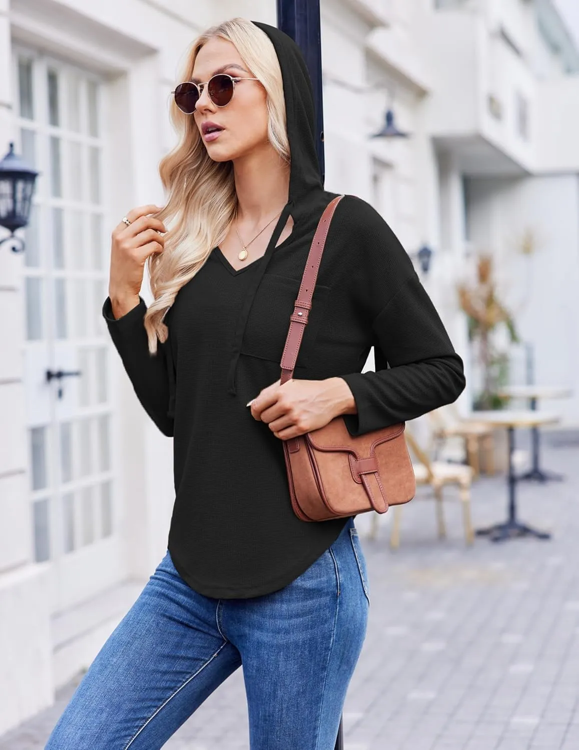 Womens Hoodies Long Sleeve Sweatshirts Pullover Top V Neck Drawstring Shirts With Pocket Loose Casual