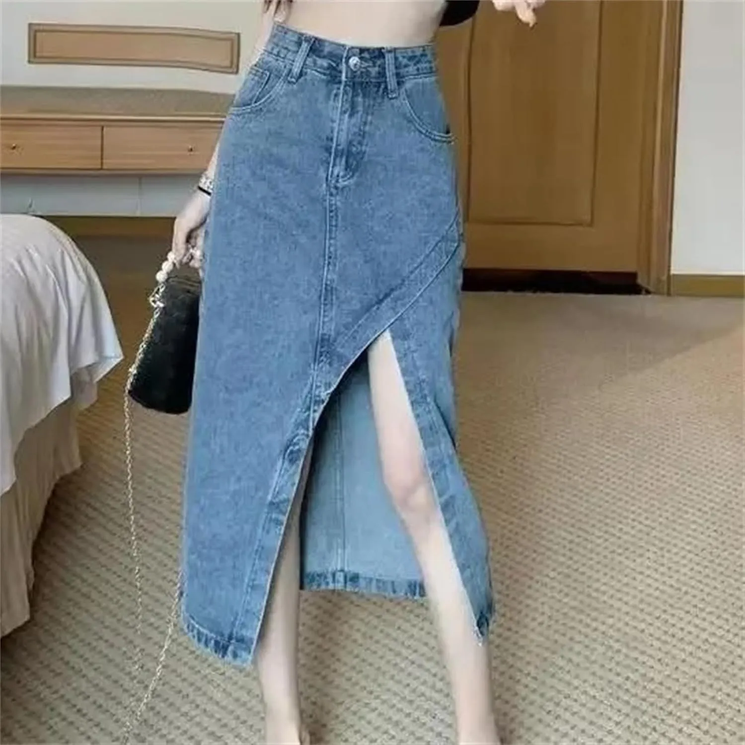 Women's Irregular Side Slit Denim Skirt  High-Waisted Slimming Casual Pockets Work Midi Summer Stretch A-Line Skirt