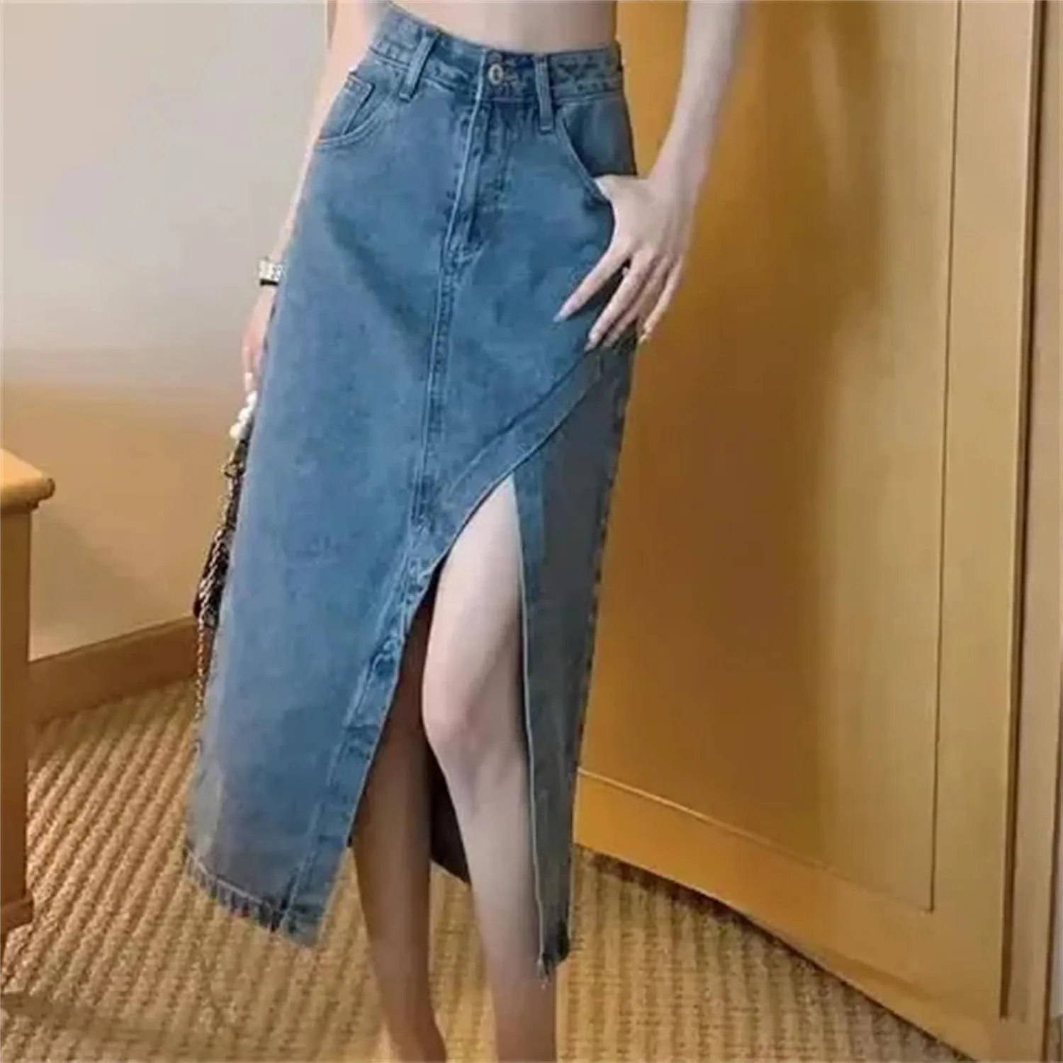 Women's Irregular Side Slit Denim Skirt  High-Waisted Slimming Casual Pockets Work Midi Summer Stretch A-Line Skirt