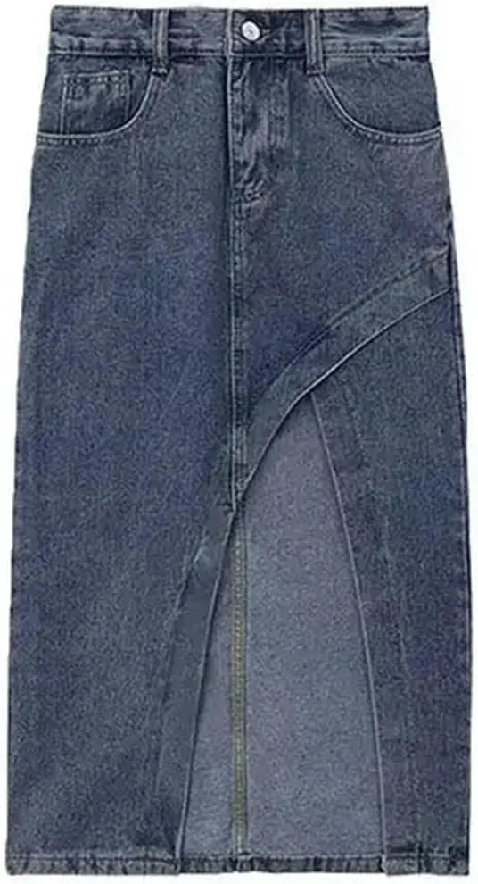 Women's Irregular Side Slit Denim Skirt  High-Waisted Slimming Casual Pockets Work Midi Summer Stretch A-Line Skirt