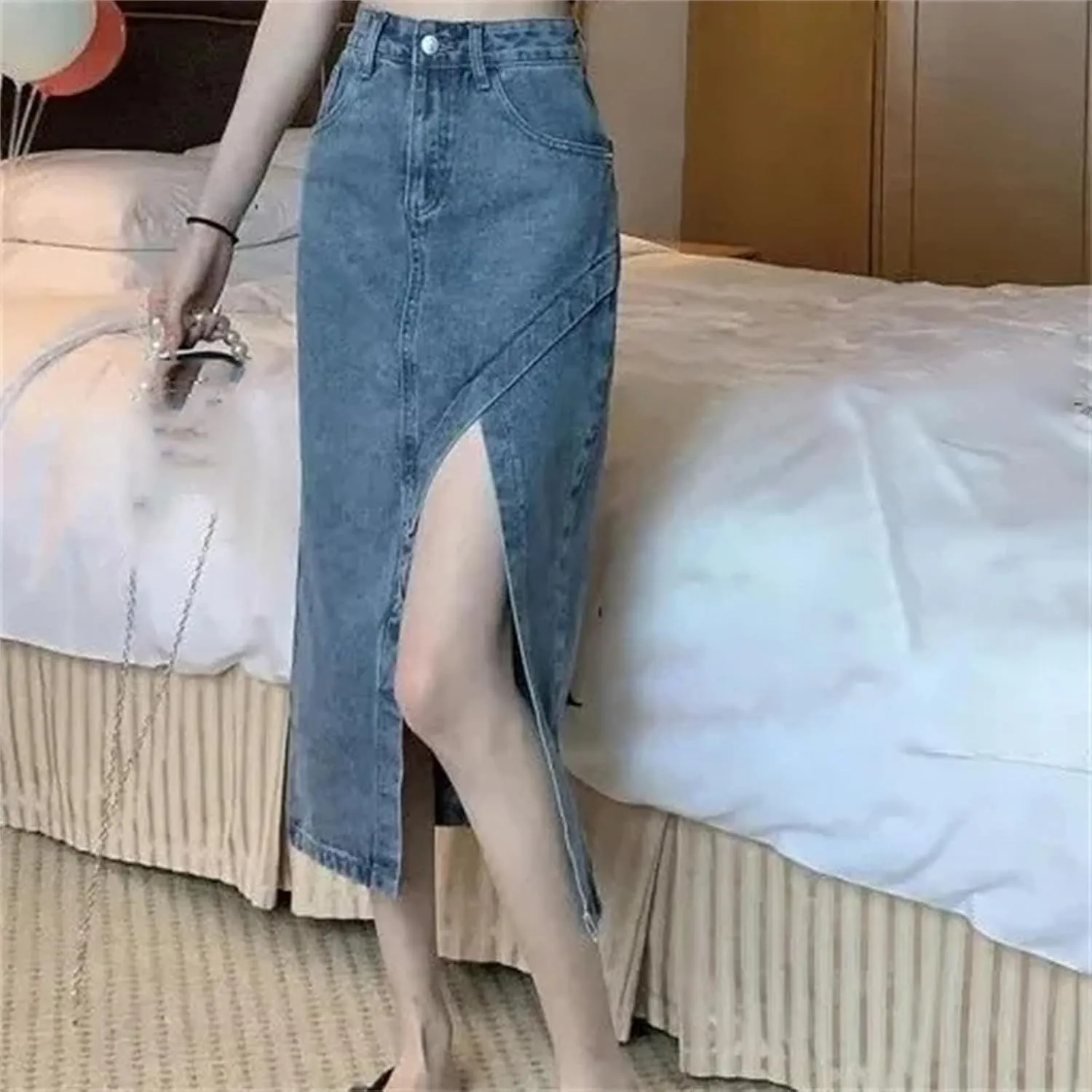 Women's Irregular Side Slit Denim Skirt  High-Waisted Slimming Casual Pockets Work Midi Summer Stretch A-Line Skirt